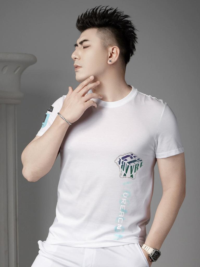 European Trendy Brand Letter Print Rhinestone Short-Sleeve T-Shirt for Men, Summer Round Neck Half-Sleeve Casual Top for Men