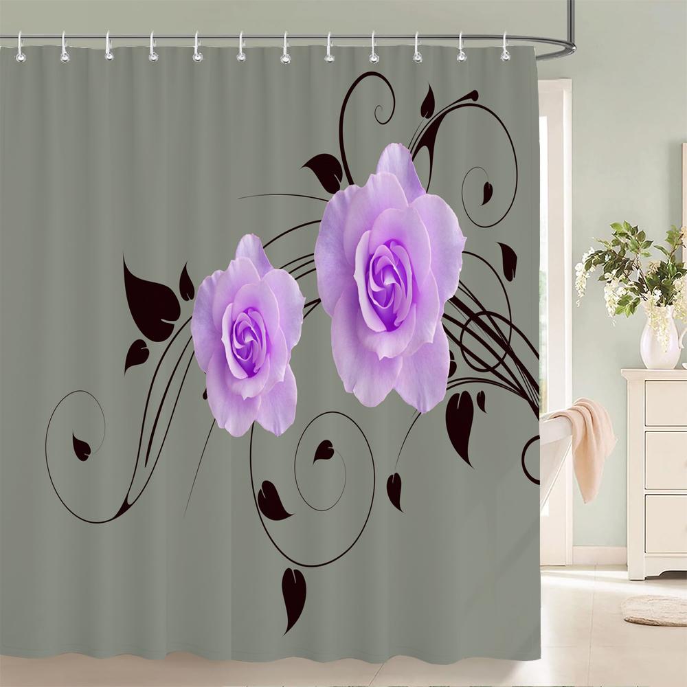 1Pcs elegant rose flower printed fabric waterproof shower curtain, romantic and fashionable rose bathroom decoration, with hooks