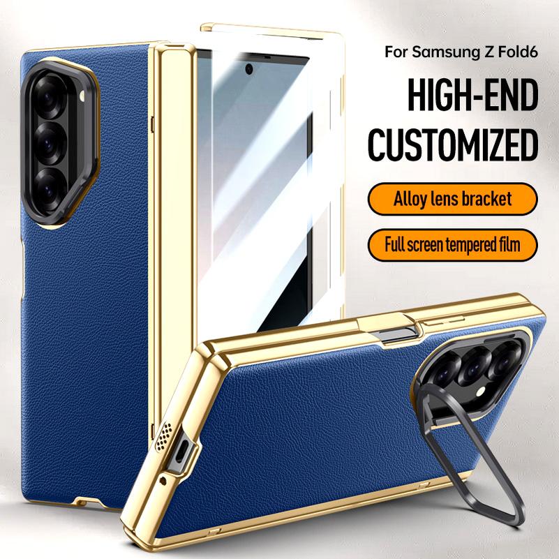 Galvanisierte Federgelenk-Schutzhülle aus echtem Leder und gehärtetem Glas für Samsung Z Fold 6 Galaxy Z Fold6 Rundumschutzhülle
