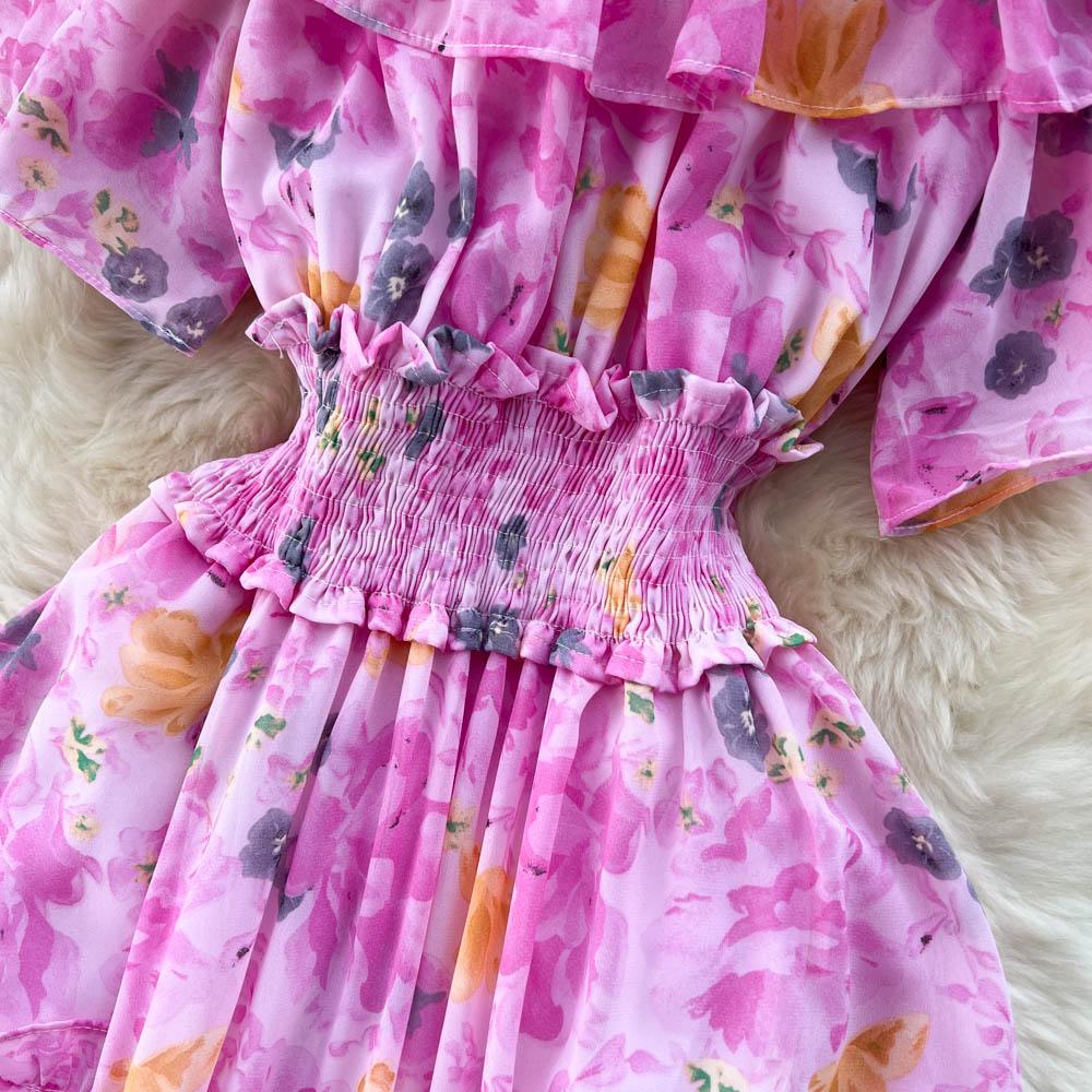 Summer French One Line Neck Fragmented Flower Dress Pleated Waist Wrapped High Grade Sweet Dress