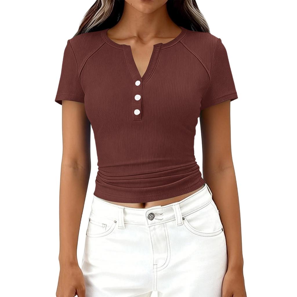 Women's Fashion Casual Color New Short-Sleeved Decorative Button V-Neck T-Shirt Top