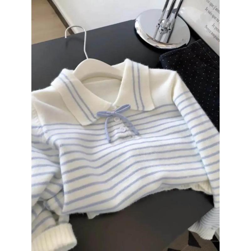 French Sweet Bow Striped Sweater for Women with Lapel Loose Sweater for Small People Autumn and Winter Casual