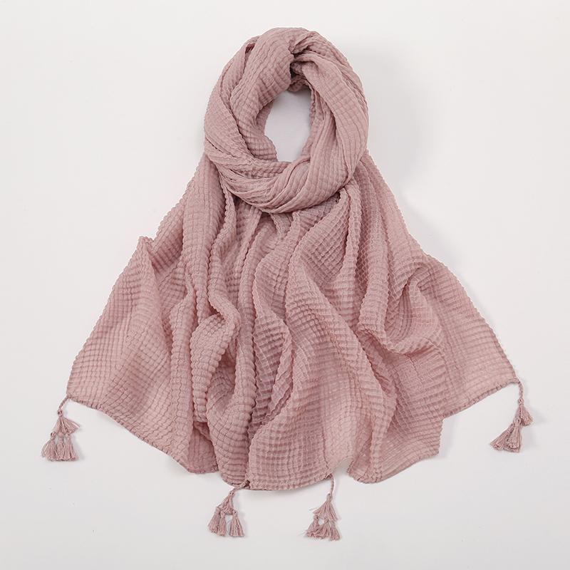Crinkle Pleated Cotton Hijabs With Tassels Muslim Long Shawls Soft Headscarf Wraps Foulard Islam Turban Headband Solid Bandana