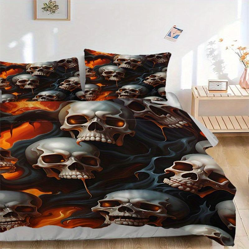3pcs Skulls Flames Bedding Cover Set, Fashion Classic Popular Print Bedding Set, Soft Comfortable, All Season Use, For Bedroom, Guest Room (