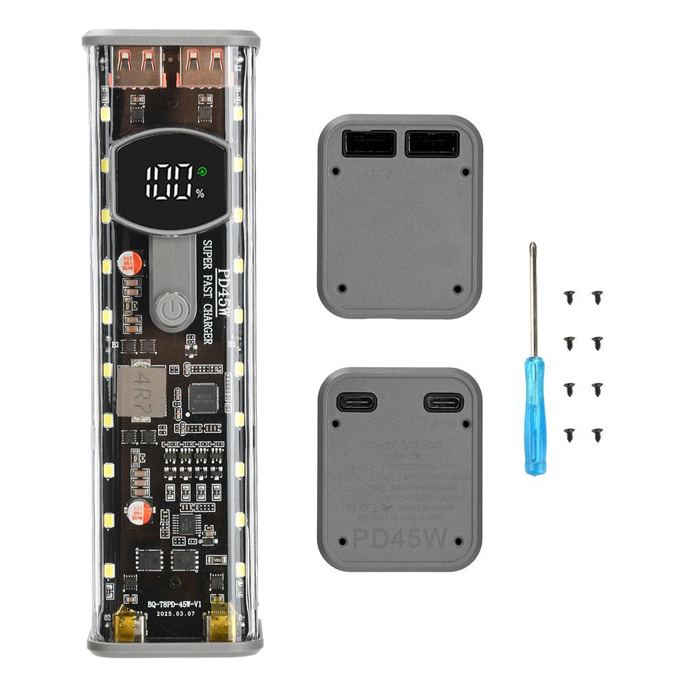 

PD 65W 45W Super Fast Charging Transparent Power Bank Case Solder-Free 8-Cell 18650 Battery Box DC Voltage Adjustable