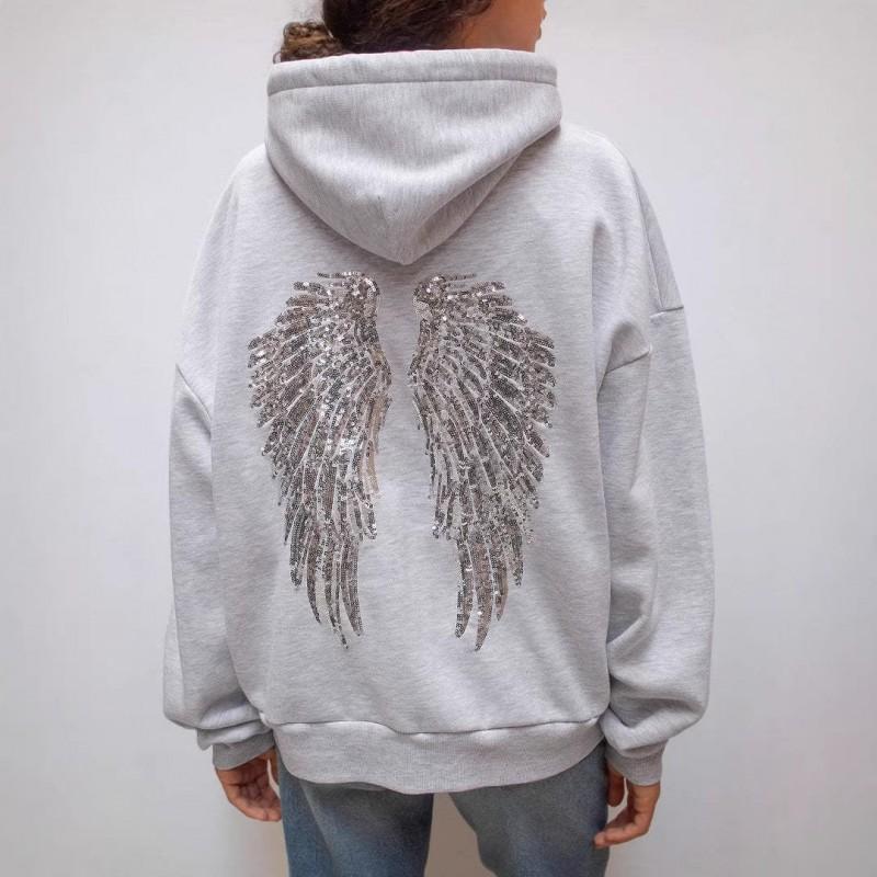Womens Casual Tracksuit Set With Sequin Wing Embroidery Solid Color Hoodie Pants Streetwear Outfit