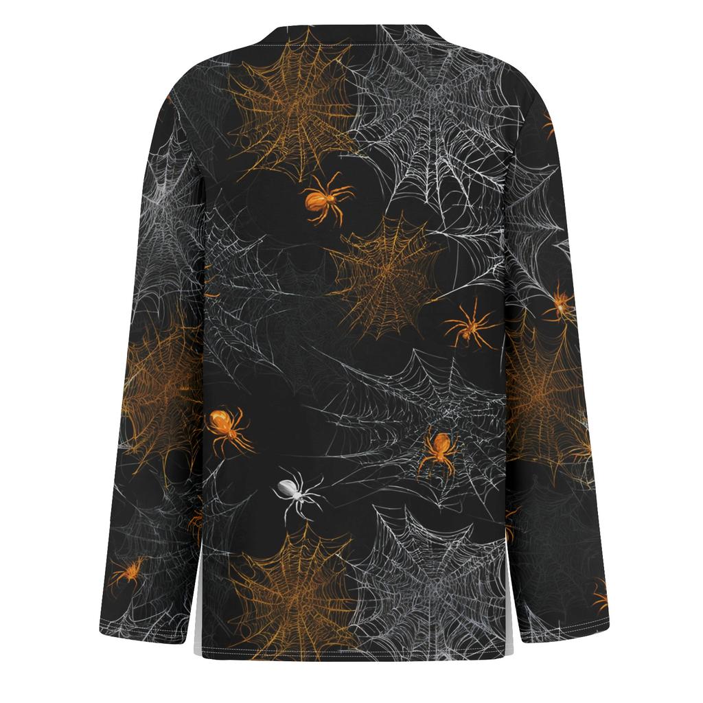 Women's Fashion Round Neck Long Sleeve Top with Hem Slit Halloween Print