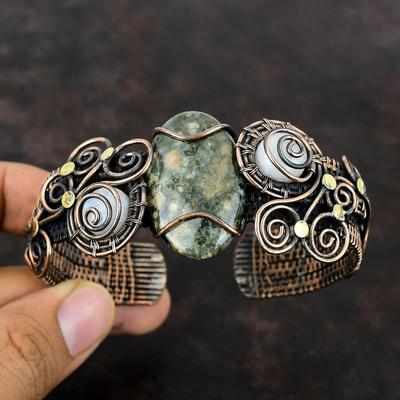 Ocean Jasper Bangle Copper Wire Wrapped Gemstone Cuff Bracelet Rainbow Moonstone Bangle Handmade Jewelry Adjustable Cuff Bracelet For Gift