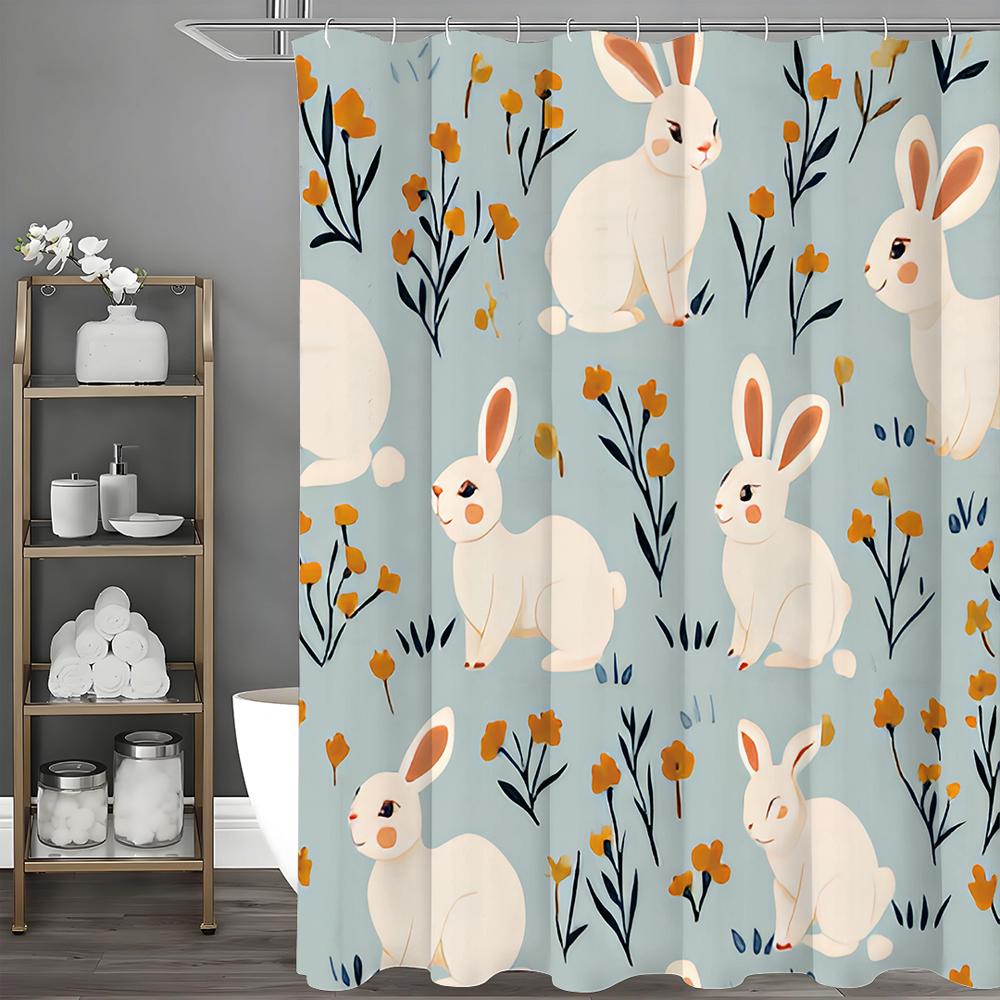 Blue Cute Bunny Shower Curtain Fun Bunny Flower Shower Curtain for Kids Adults Suitable Bathroom Decoration Shower Curtain Easte