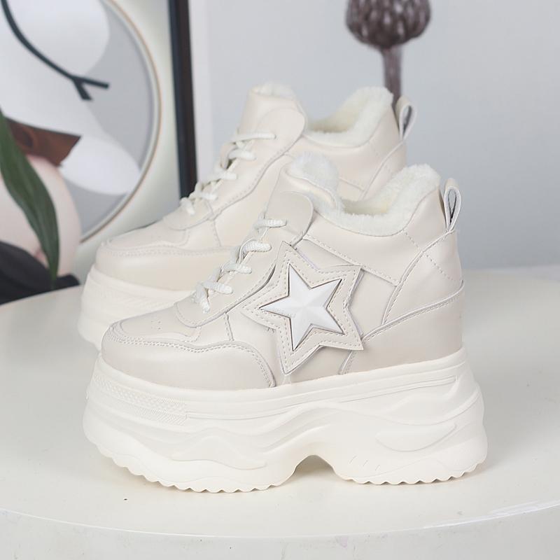 Fashion 12CM Cow Genuine Leather Winter Boots Autumn Fashion Platform Chimney Ankle Booties Moccasins Women Chunky Sneakers Shoes