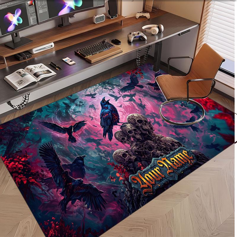 Totenkopf Gothic Thema Weicher Kristall-Samt Teppich Benutzerdefinierter Name & Text Druck Rutschfester Boden Teppich für Schlafzimmer Wohnzimmer
