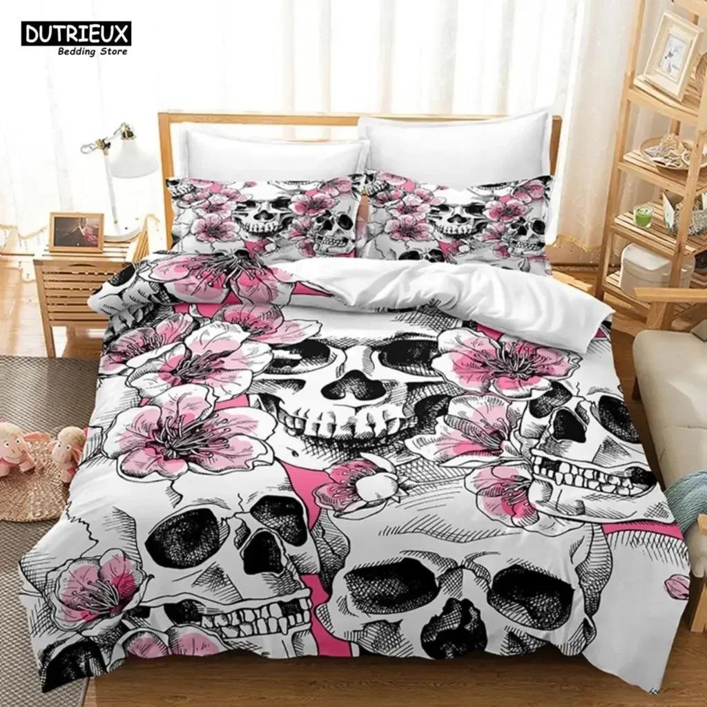 Skeleton Skull Bedding Set Queen King Full Size Duvet Cover Set With Pillowcases Rose Flower Bed Linen For Adults Teens