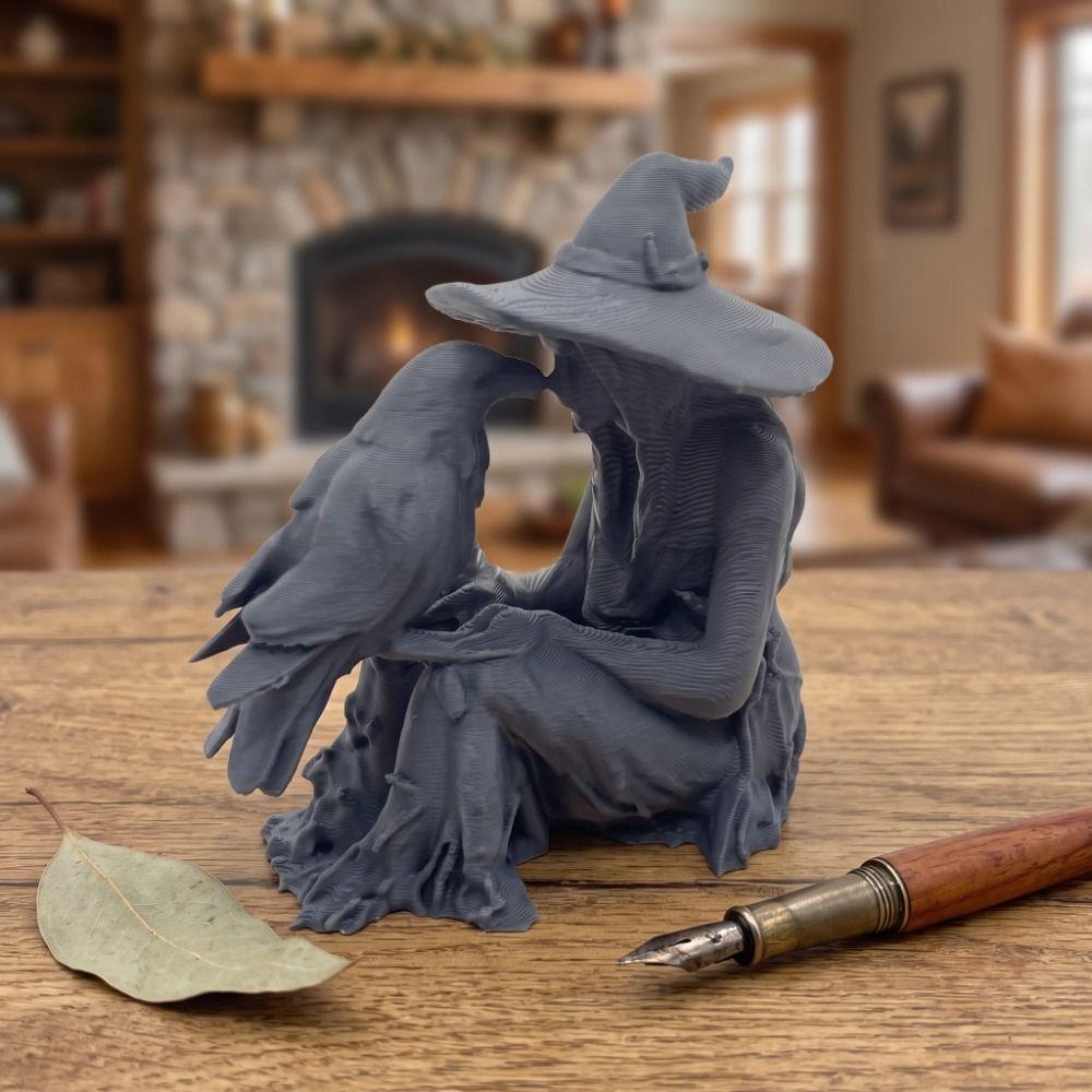 3D Printed Witch Sculpture Gothic Style Halloween Decoration Bird and Girl Sculpture Tabletop