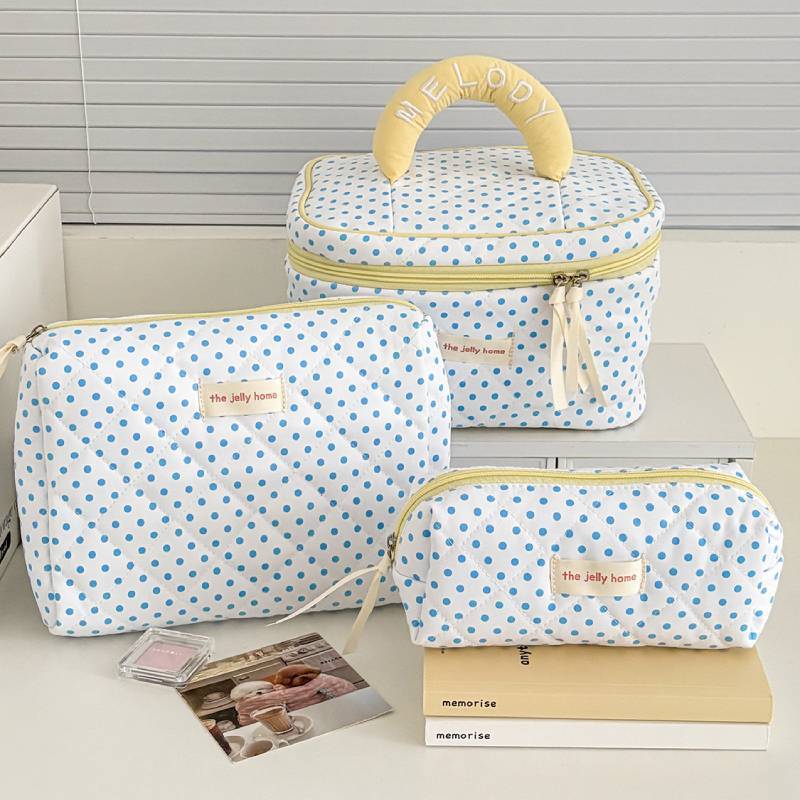 Lemon Polka Dot Cosmetic Bag With Zipper For Daily Use And Large Capacity
