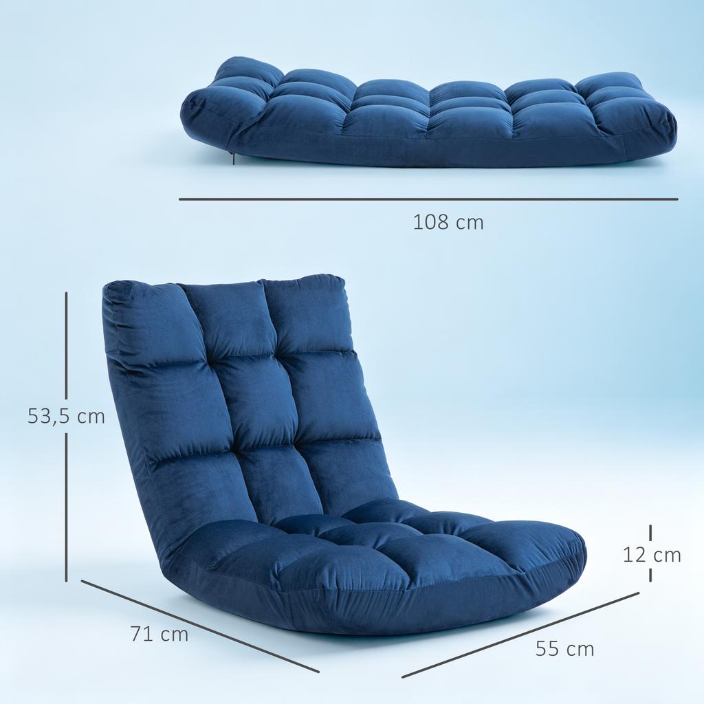 Armchair Guest Mattress Floor Chair, Adjustable Backrest, Velour Look, 55 cm x 71 cm x 53.5 cm, Blue