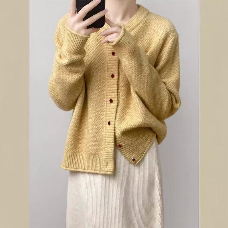 Autumn and Winter New Simple Temperament Long-sleeved Loose Round Neck Single-breasted Knitted Sweater Women's Cardigan Jacket Women's Clothing