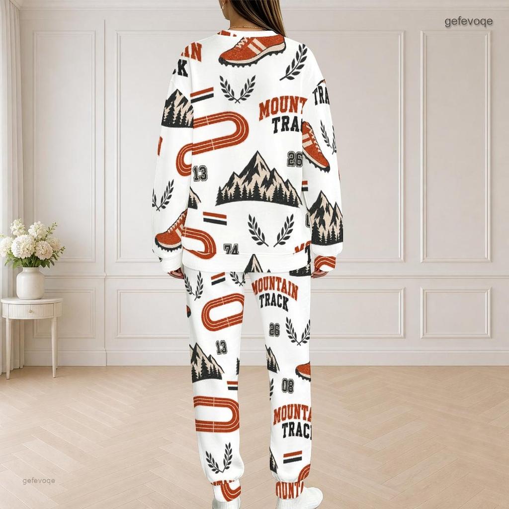 Women Plus Size White Sailboat Printed Round Neck Long Sleeve Top And Pants Two Piece Set