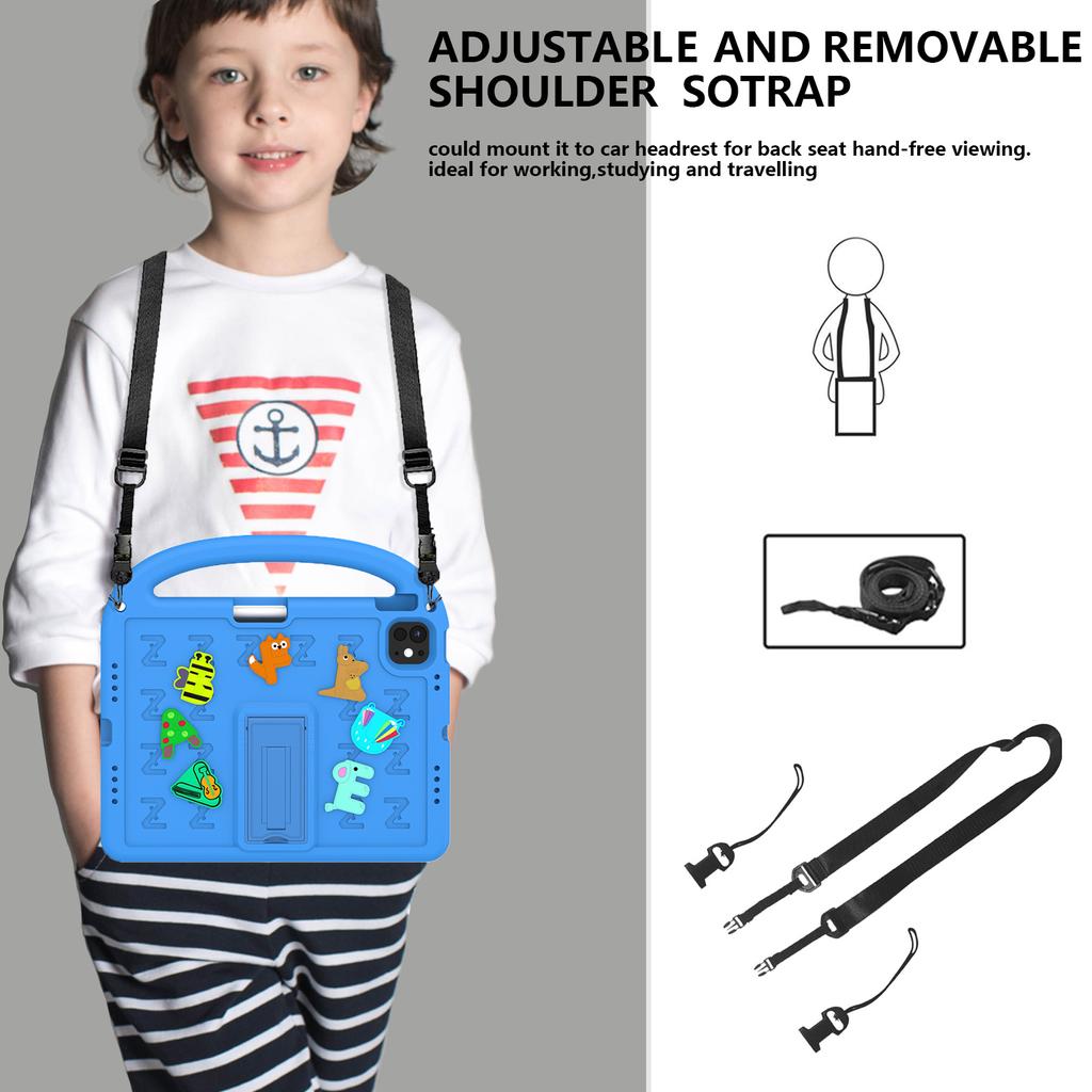 For iPad Air 11 (2025)/(2024)/iPad Pro 11 (2025)/11 (2024) Kickstand Case Cartoon Design Anti-Drop EVA+PC Tablet Cover with Strap for Kids