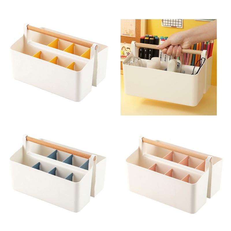 Practical Storage Box with Wooden Handle Multi Compartment Table Storage Box for Sorting Stationery Notebooks Folders
