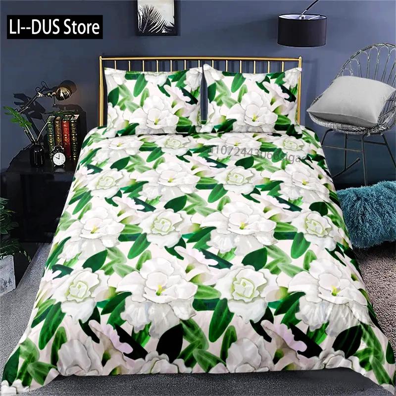 Vibrant Botanical Floral Duvet Cover Twin Size Lotus Flower Leaves Bedding Set Soft Tropical Tree Quilt Cover with Pillowcases