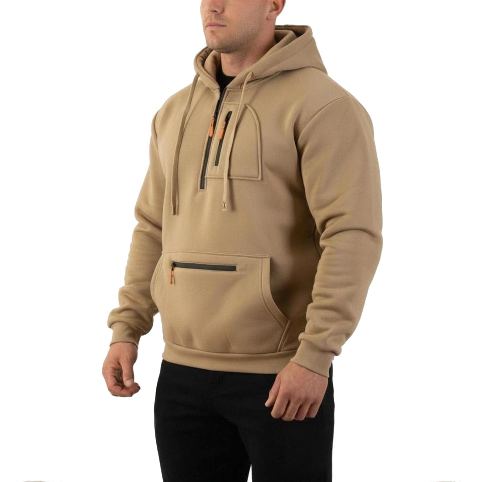 

Men s Hooded Sporty Casual Solid-color Sweatshirt, Men s Multi-pocket Workwear Semi-zippered Loose Fleece Pullover Jacket XXXL