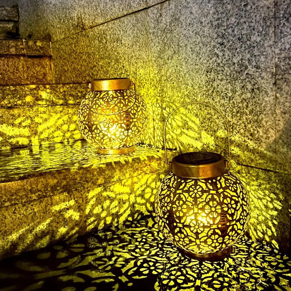 Solar Powered Iron Projection Light Outdoor Garden Hanging Lantern With Hollow Out Design For Patio Fence Decoration
