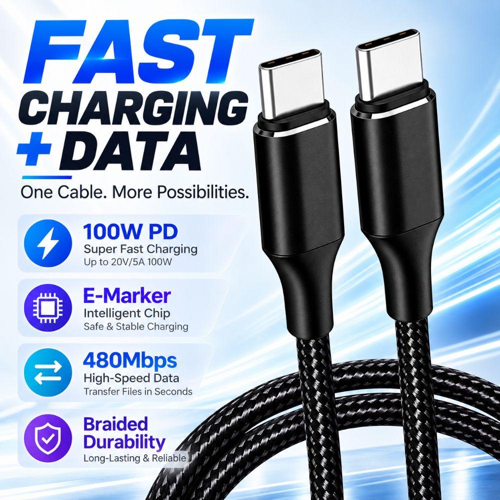 5A USB-C Charging Cable 100W PD USB-C Sync Cable Male to Male PD Fast Charge Lead  File Transfer