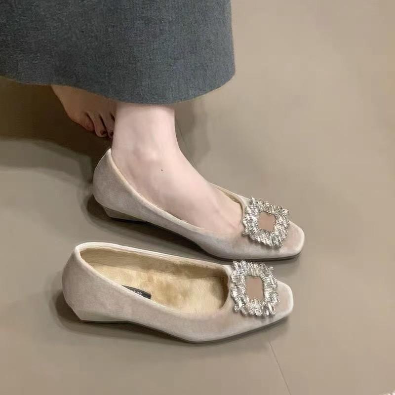Rhinestone Thick Heel Single Shoes New with Skirt Temperament Elegant Square Buckle Light Mouth High Heels