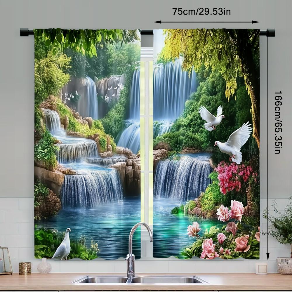 Set Of 2 Beautiful Forest Waterfall Landscape Curtain Vivid Nature Suitable Bedroom Bathroom Living Room Dining Polyester Ideal For
