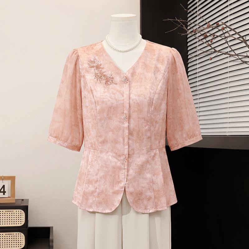 Yuzhaolin Women s Summer New Chinese Style V-neck Embroidered Blouse 2XL