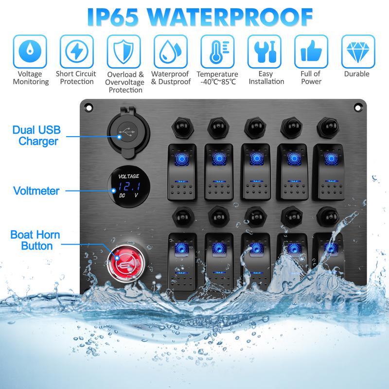 10 Gang Switch Panel Rocker Circuit Breaker Toggle Switch Panel With 3.1A Dual USB Charger+Voltmeter For Car Boat RV Camper