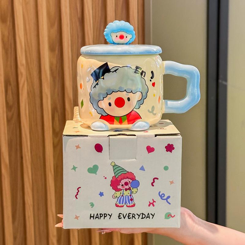 Cute Funny Clown Cup Girl Birthday Gift Couple Ceramic Mug with Lid Spoon Office Breakfast Cup