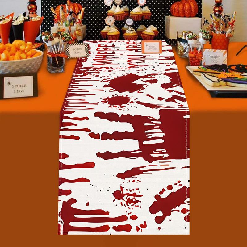 1pc Red White Halloween Table Runner Blood Fingerprint Pattern Dustproof Durable Tablecloth for Halloween Theme Party Decoration
