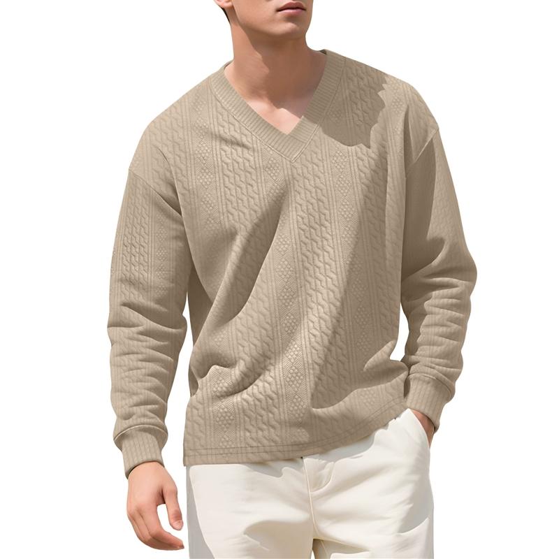 Men Vertical Cable Jacquard Textured V Neck Sweatshirt Ribbed Cuffs Long Sleeve Loose Fit Solid Color Spring Fall Daily Smart Casual Pullover Top