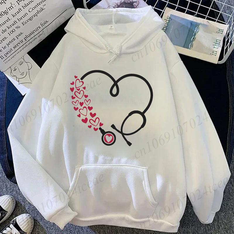 Women Heart Stethoscope Graphic Hoodies Nurse Doctor Medical Worker Sweatshirts Fleece Hoodies Nurse Week Appreciation Gift