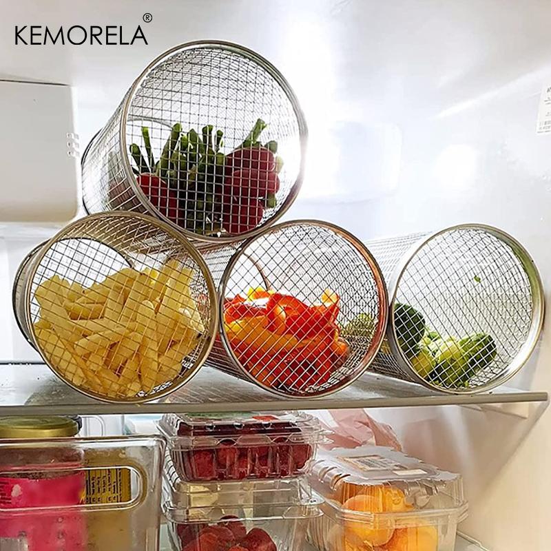 BBQ Basket Stainless Steel Rolling Grilling Basket Wire Mesh Cylinder Grill Basket Portable Round Outdoor Camping Barbecue Rack