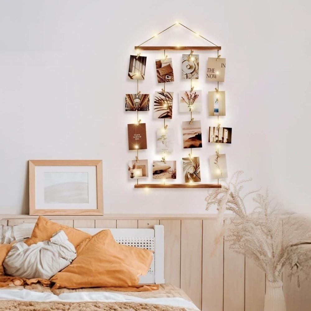 Clip Foto in Legno Minimalista con Corda Luminosa Decorazione per Feste