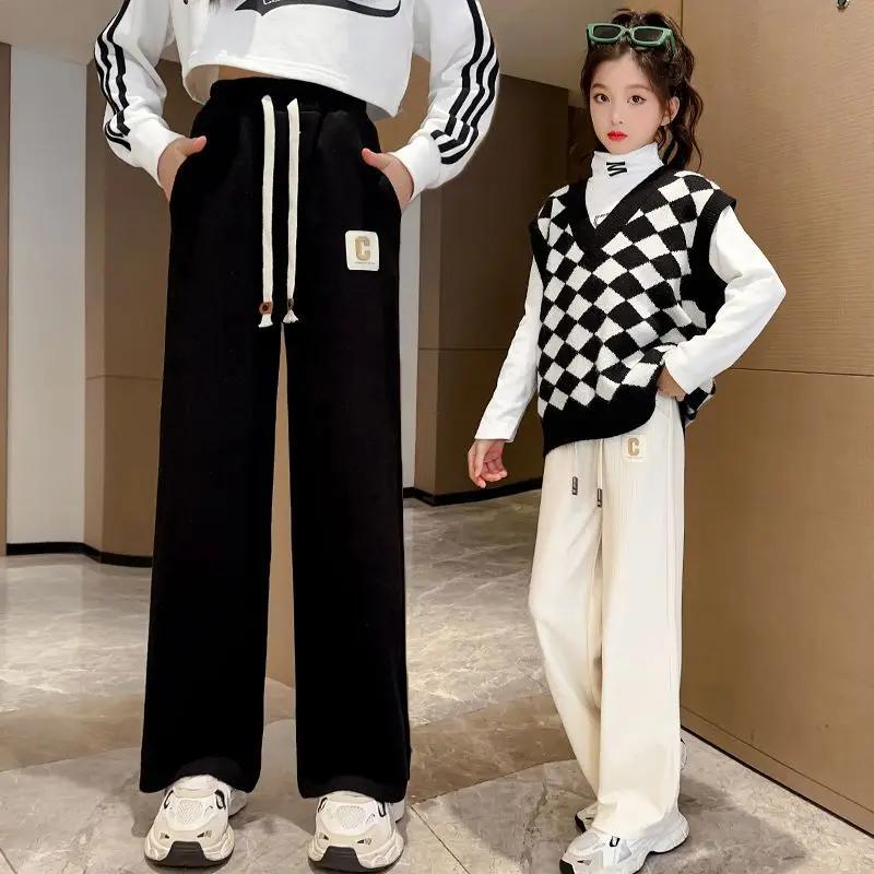 Pantaloni de exterior groși, căptușiți cu fleece pentru toamnă/iarnă pentru fete, pantaloni casual evazați, versatili, pentru copii, nou primăvară/toamnă 2024