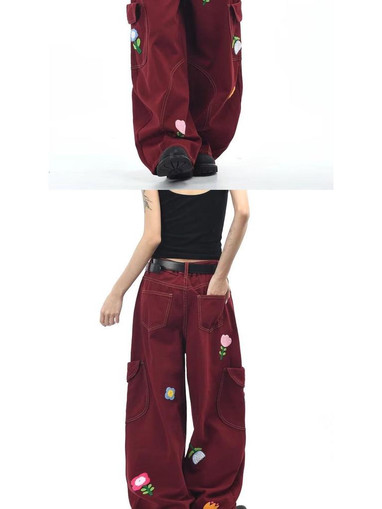 Burgundy Floral Embroidery Retro Cargo Pants - Unisex Loose Fit Denim with Wide Legs for Autumn