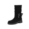 Krazing Pot Cow Suede Nubuck Winter Round Toe Modern Boots Med Heels Slip on Pleated Style Metal Buckle Mid-calf Boots