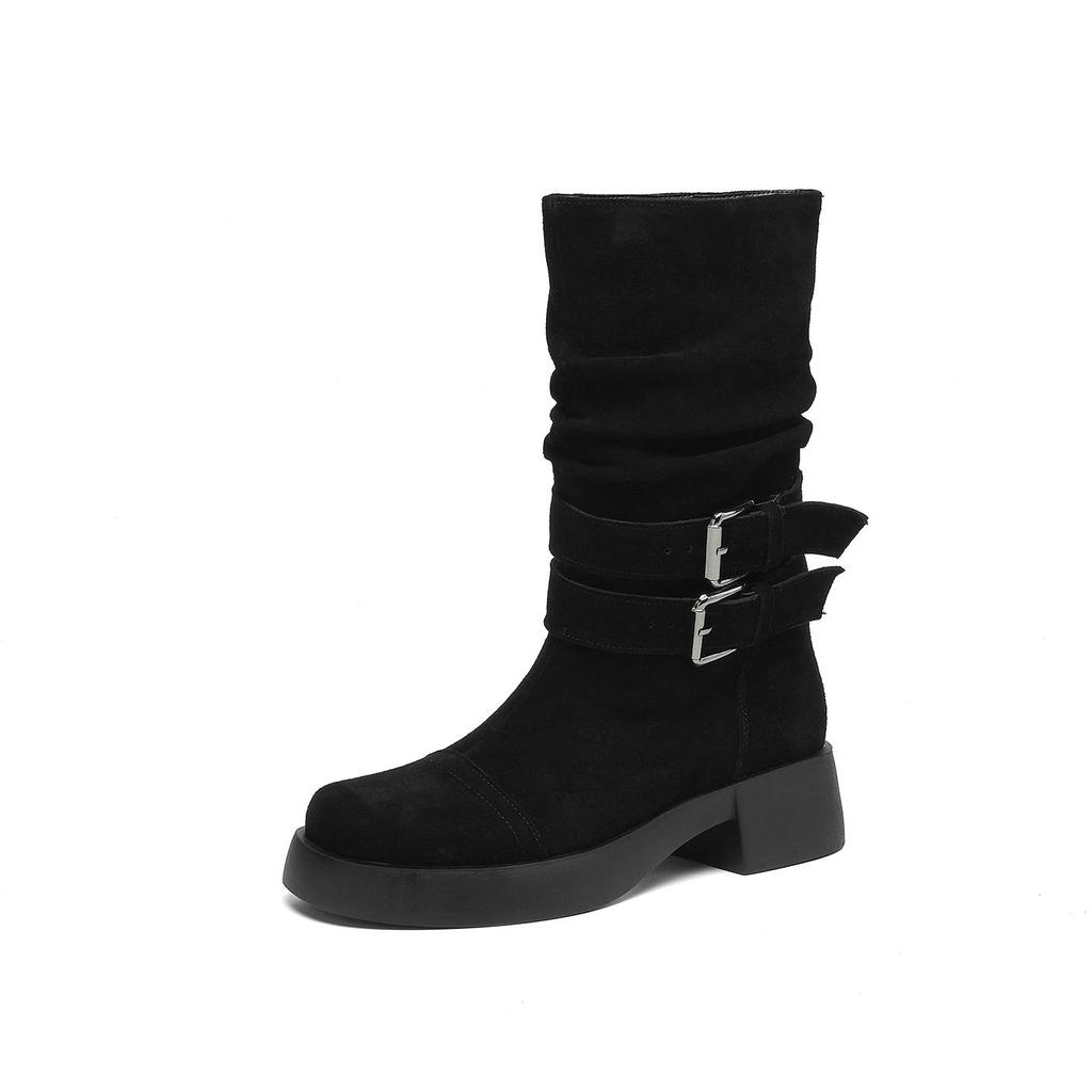 Krazing Pot Cow Suede Nubuck Winter Round Toe Modern Boots Med Heels Slip on Pleated Style Metal Buckle Mid-calf Boots