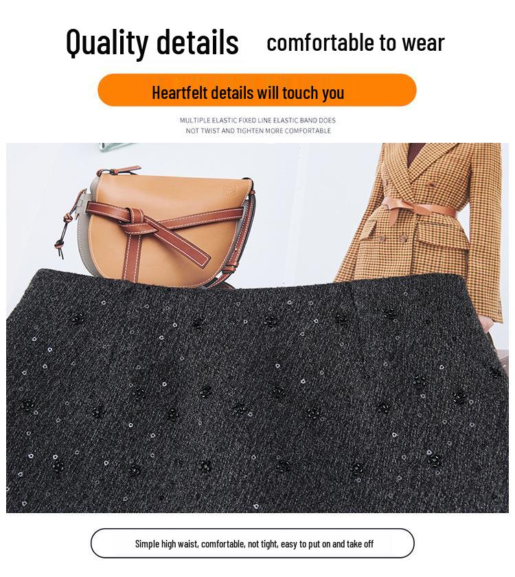 Women's High-Waist Sequined Wool A-line Skirt - Autumn/Winter