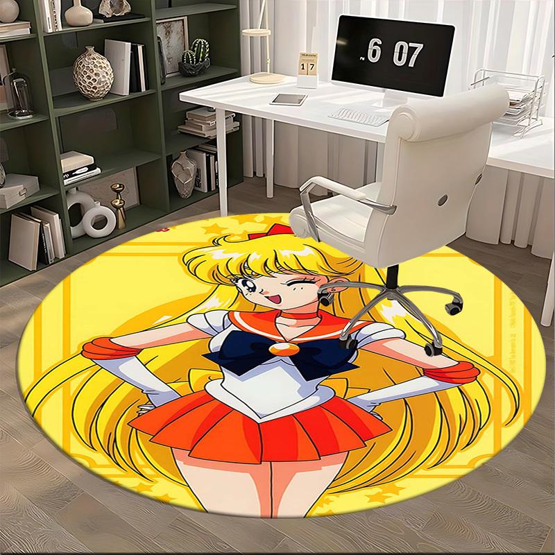 1 Stück Sailor Moon Anime Cartoon Design Runder Teppich Bürostuhlmatte, Rutschfester Teppich für Heimdekoration, Wohnzimmer, Schlafzimmer