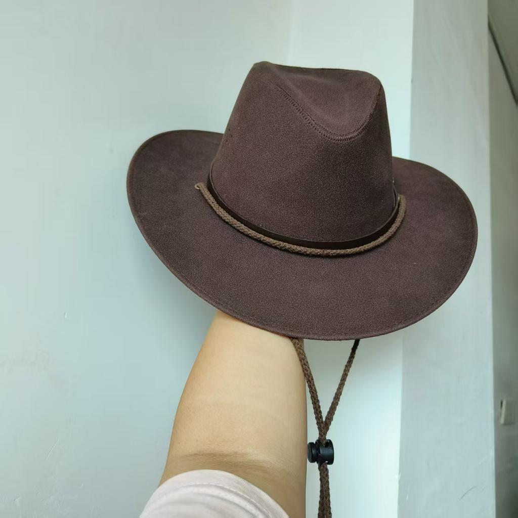 Nubuck leather Western Cowboy Hat Classic Jazz hat Coffee Cowgirl hat with windproof rope Fedora Hat Panama sombrero hombre
