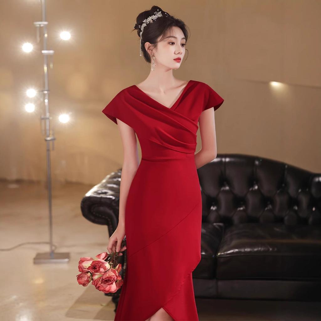 Red Evening Dress Host Advanced Daily Wear Niche Fish Tail Beautiful Waist Banquet Irregular Dress