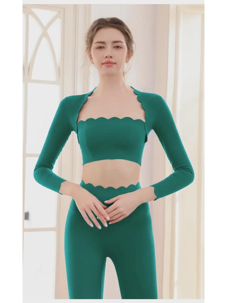 Fato de Yoga Feminino de Alta Elasticidade e à Prova de Choque: Top de Renda de Manga Comprida & Calças de Cintura Alta com Efeito Levanta Bumbum