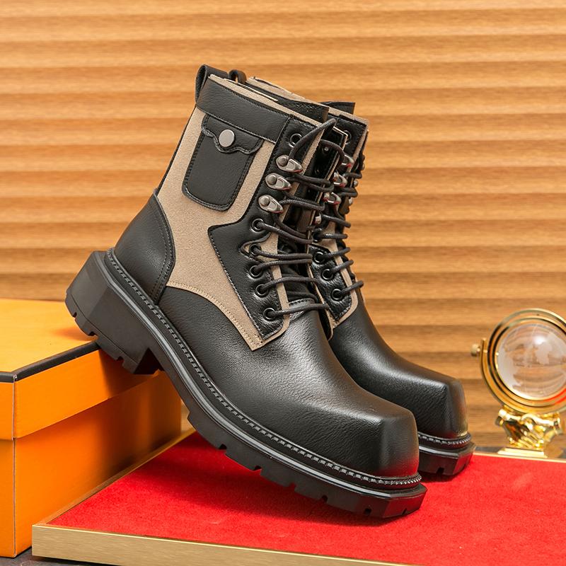 Fashion Mens Leather Business Boots Fashion YoungWaterproof Trendy Thick Bottom Boots Man Luxury Square Head High Top Gentleman Shoe