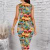 Women Plus Size Sleeveless Round Neck Midi Bodycon Dress Colorful Watercolor Floral Print Slim Fitted Dress