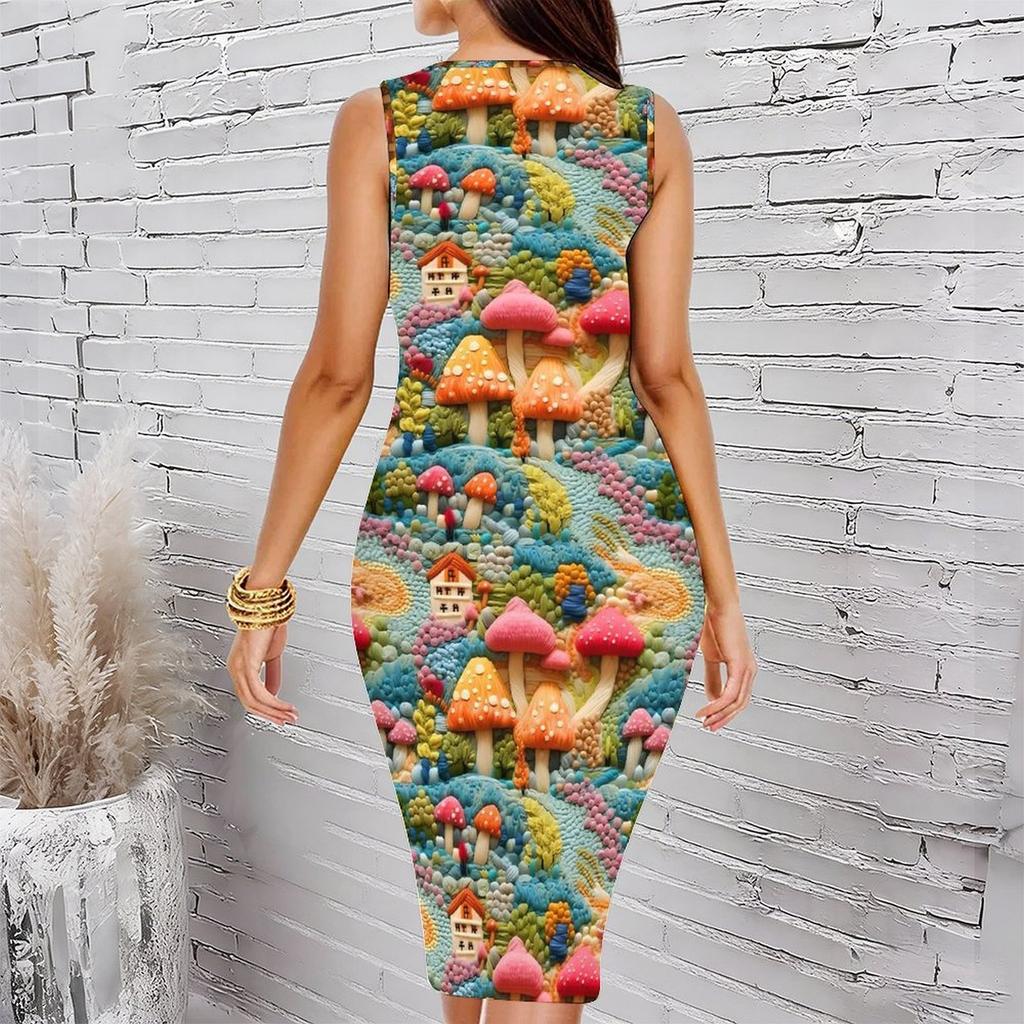Women Plus Size Sleeveless Round Neck Midi Bodycon Dress Colorful Watercolor Floral Print Slim Fitted Dress