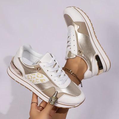 Light Weight Gold Leopard Sneakers for Women 2025 Spring Platform Lace Up Casual Shoes Woman Mix Color Sole Sole Outdoor Flats